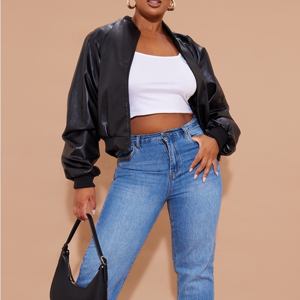 Pretty Little Thing Womens vegan leather jacket black letterman oversized bomber